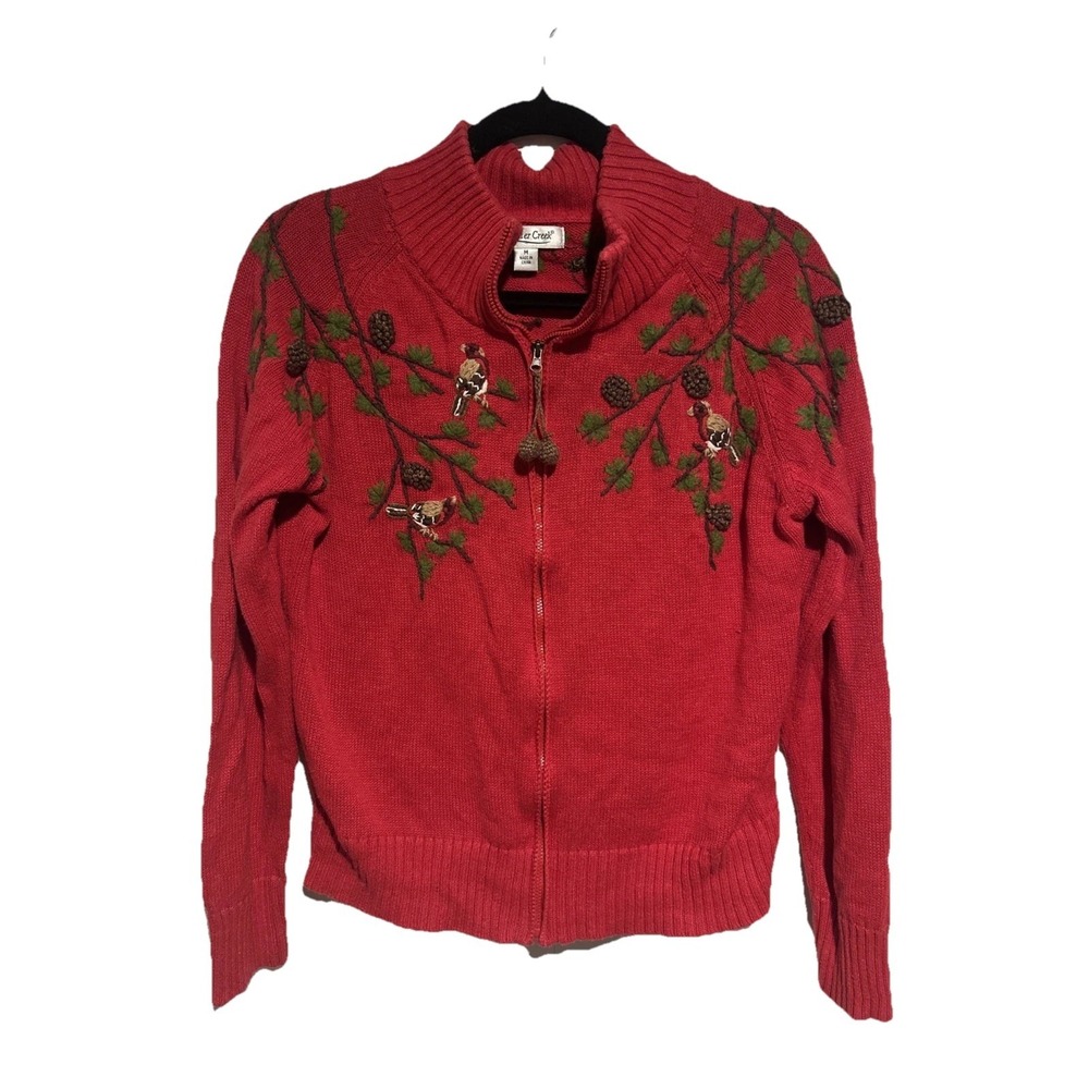 Natural Grandma Red Embroidered Birds Pinecones Zip Sweater Cardigan Size Med